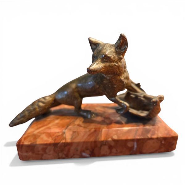 Antique sculpture "Fox on the Hunt", bronze, marble, cabinet plastic, 20th century